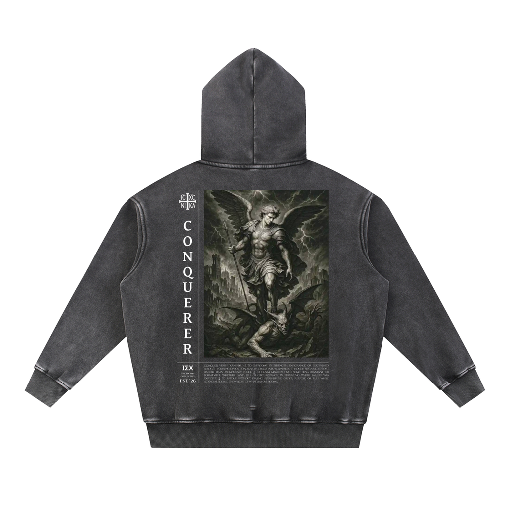 "CONQUERER" Snow Wash Fleece Oversize Hoodie
